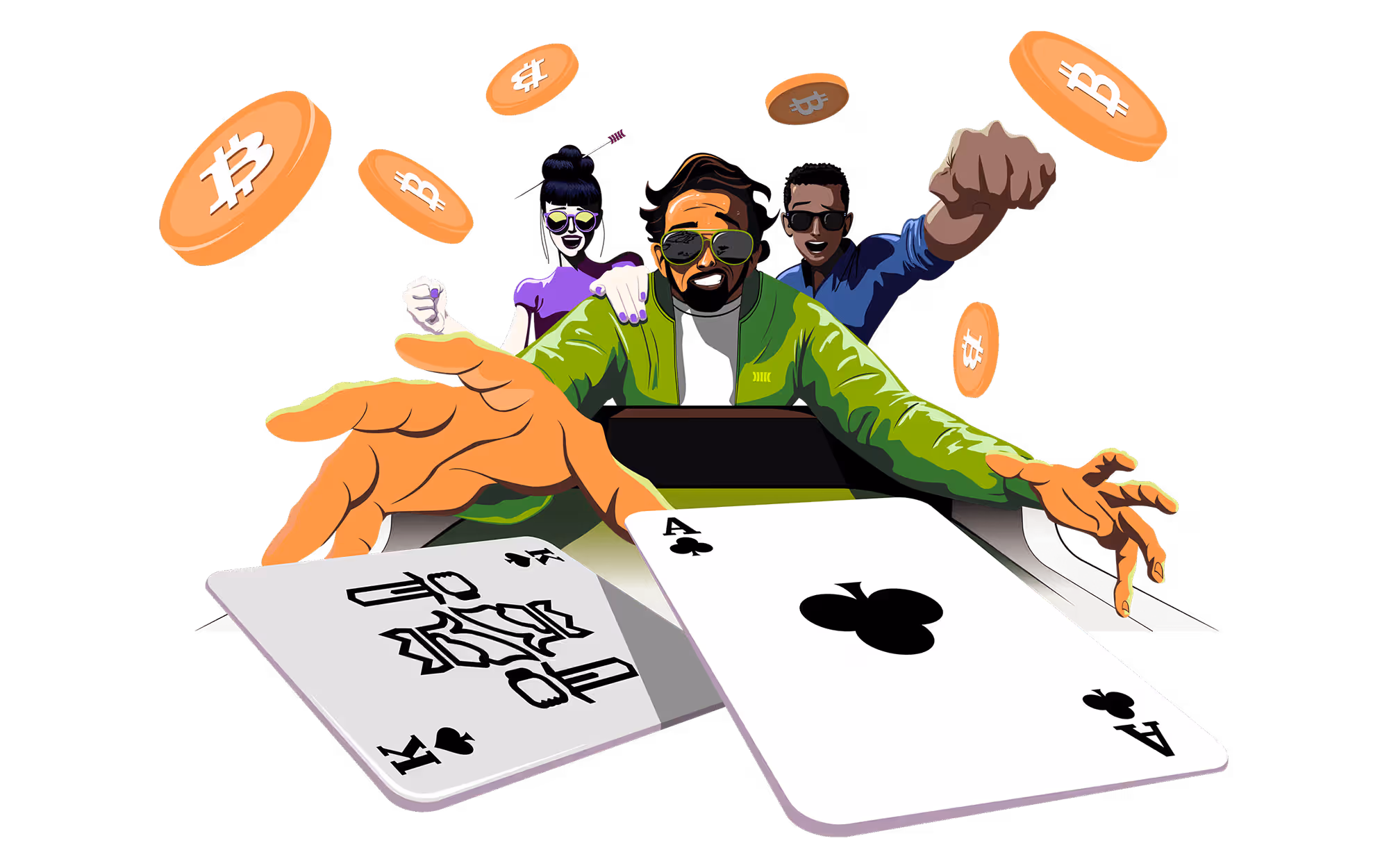People playing cards with bitcoins flying in the air